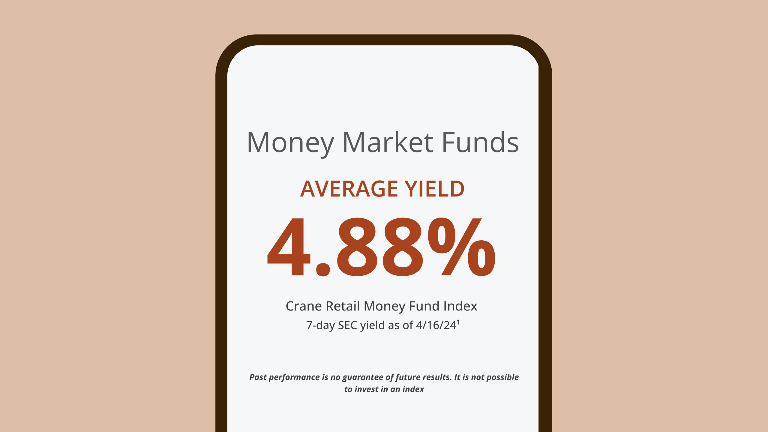 Money market funds 4.88% avg yield as per Crane data. Past performance is no guarantee of future results. It is not possible to invest in an index.