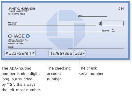 The ABA/Routing number is nine digits long and it's always the left-most number. The checking account number is in the middle and the check serial number is the right-most number.