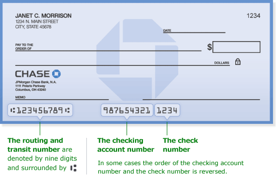 Check graphic indicating The routing and Transit number are denoted by nine digits at the bottom left, the checking account number is at the bottom middle and the check number is to the right of that. In some cases the order of the checking account number and the check number is reversed.