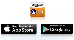 Amazon Apps logo. Download on the App Store. Android App on Google play icon.