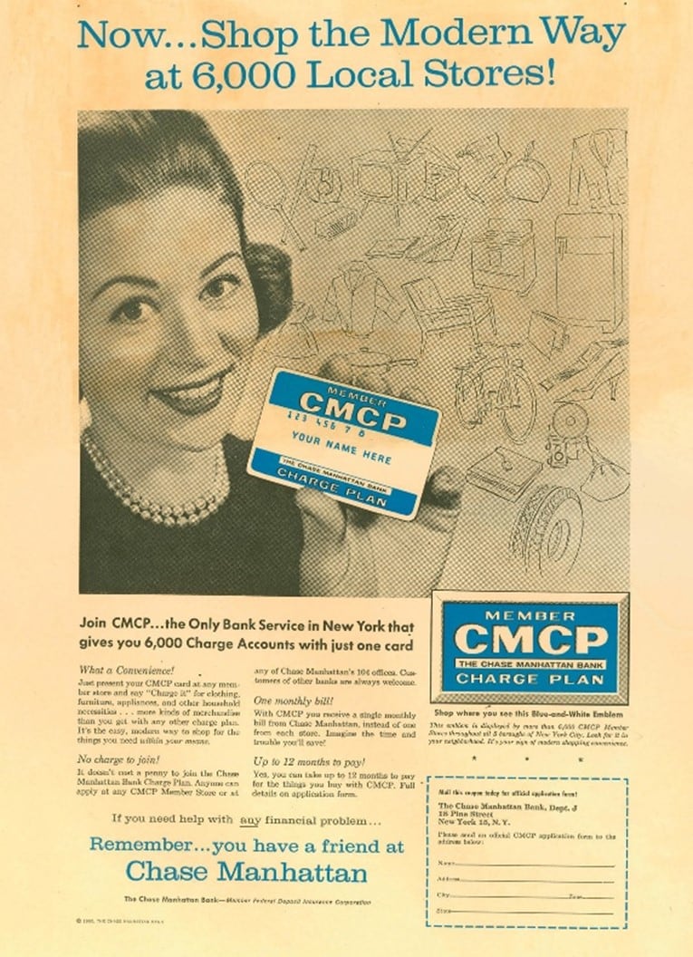 A flyer from 1958 displaying information about the first CMCP rewards program with the title being Now.. Shop the Modern way at 6,000 Local Stores!