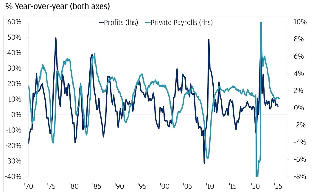 Line chart showing non-financial corporate profits as a percentage of sales from 1970 to 2025.