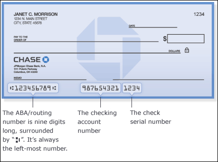 The ABA/Routing number is nine digits long and it's always the left-most number. The checking account number is in the middle and the check serial number is the right-most number.
