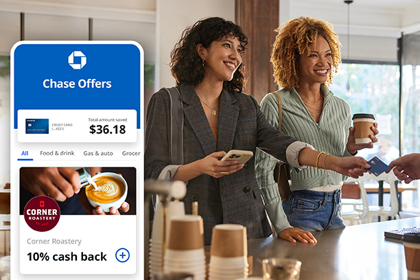 Chase Offers Cash Back option shown on the Chase mobile app and two people doing holiday shopping.