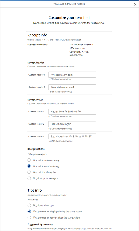 Screenshot of header and footer terminal and receipt details