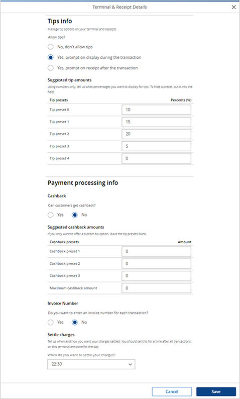 Screenshot of receipt options and payment processing info details