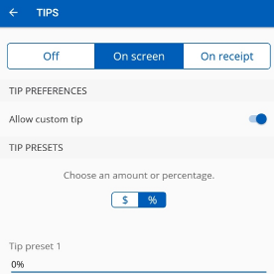 Screen shot of tip setting controls