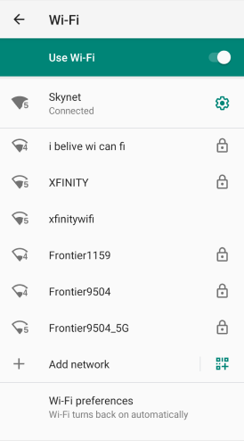 Screenshot of the WiFi network selection list