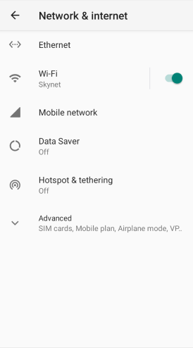 Screenshot of the network settings