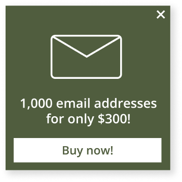 Image of pop-up ad to buy 1,000 email addresses for only $300 dollars with a buy now button.