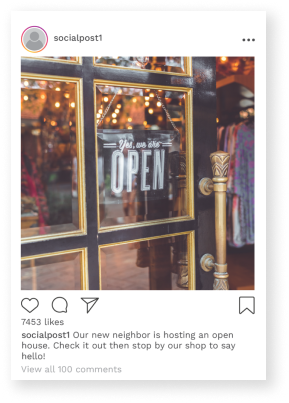 Instagram post of open sign on a boutique door with text of our new neighbor plush is hosting an open house. Check out their comfy sofas, and chairs then stop by here to say hello!