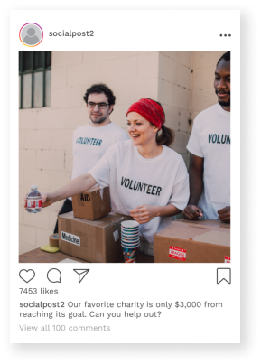 Instagram post of people volunteering and raising money for charity with text of our favorite charity is only 3,000 dollars from reaching its goal can you help out?