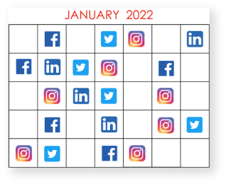 A month calendar with social media icons on each day