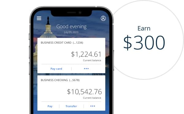 Business checking mobile app image with Earn $300