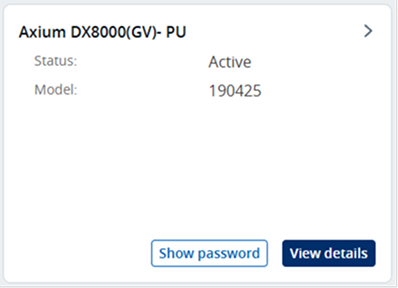 Screenshot of DX8000 device dashboard with status, model, show password button and view details button