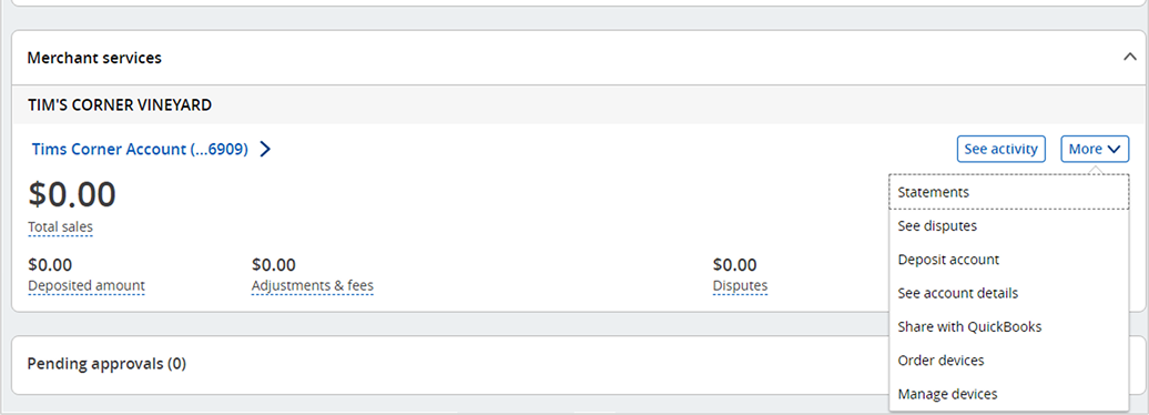 Screenshot of Merchant services dashboard with Manage devices option open