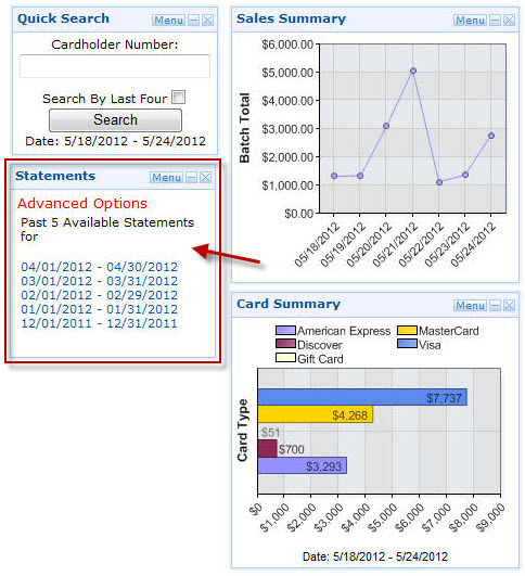 Screenshot of Instant Dashboard displaying Quick Search, Sales Summary, Card Summary, and Statements with Advanced Options listed.