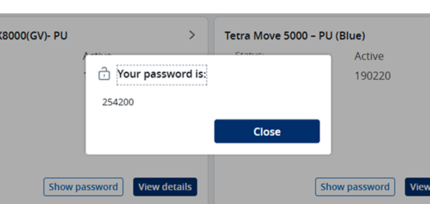 Screenshot of device dashboard with device password on screen after selecting show password
