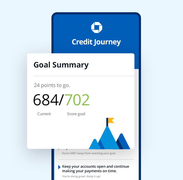 Resumen de los puntajes de crédito deseados en la aplicación Chase Mobile.