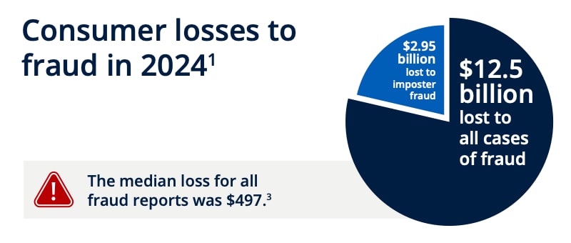 Consumer losses to fraud in 2024. $12.5 billion was lost to fraud in 2024. $2.95 billion was lost to imposter fraud. The median loss was $497.