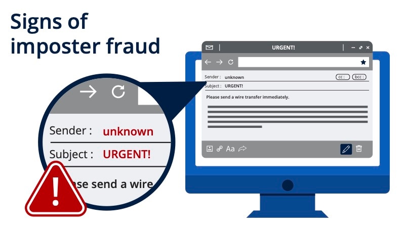 Signs of imposter fraud. An email with an unknown sender and urgent subject line that asks you to wire money is likely a scam.