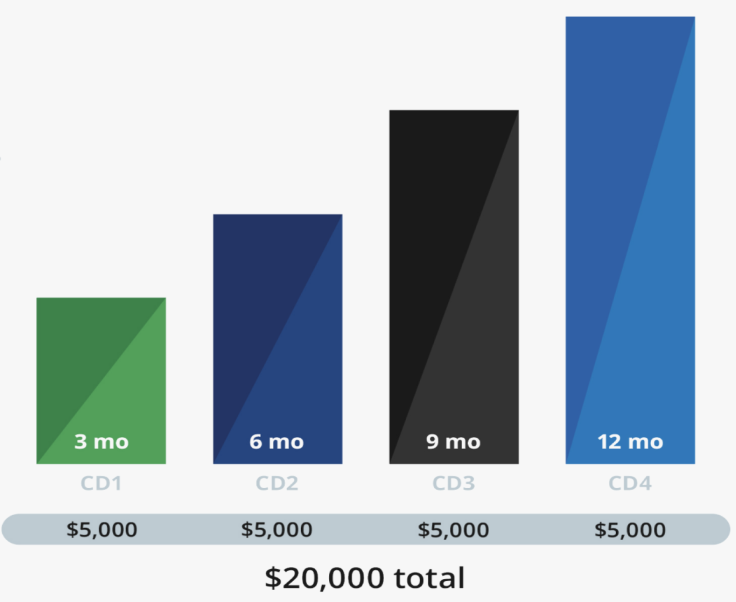 Bar chart showing 4 $5,000 CDs opened simultaneously for different periods of time: 3, 6, 9 and 12 months - for a total of $20,000.