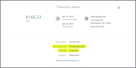 Under Transaction details, double check the fields labeled also known as and method for signs of fraud