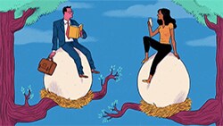 How Americans save for retirement, and how it's changed illustration of piggy bank: man & woman sitting on egg