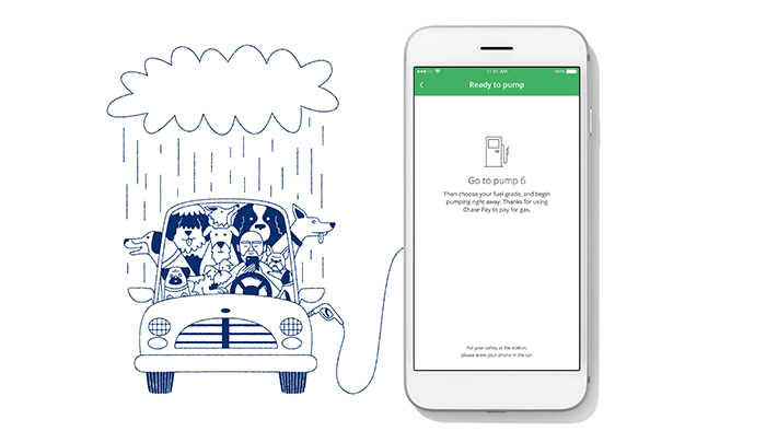 5 Things to Know About Chase Pay illustration of man in car with full of pets filling gas using Chase Pay app on smartphone