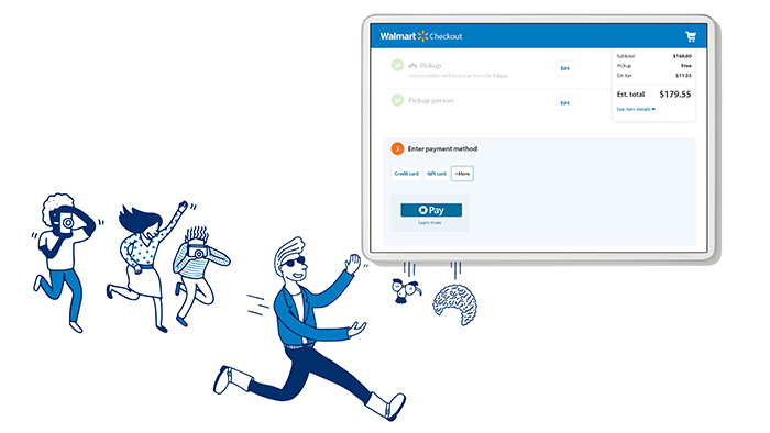 5 Things to Know About Chase Pay illustration of people using Chase Pay app at Walmart checkout on smartphone