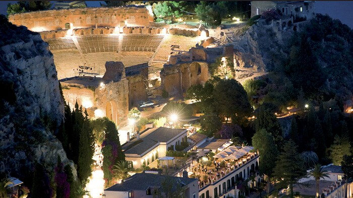 Sound sleeps aireal view of Greek theater and Belmond Grand hotel