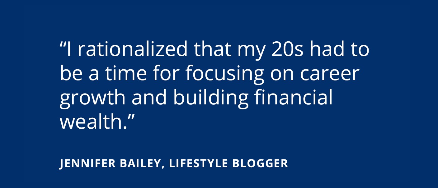 text pull quotes from Jennifer Bailey I rationalized that my 20s had to be a time for focusing on career growth and building financial wealth. -Jennifer Bailey, Lifestyle Blogger