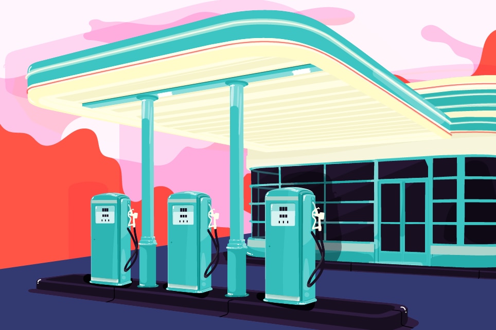 Conde Nast Auto Series: Story 6 (The Economics of a Hybrid) illustration of gas station