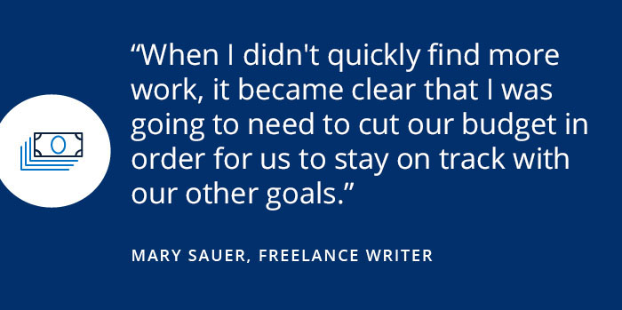 Savings Diaries: Mary Sauer Infographic: When I didn't quickly find more work, it became clear that I was going to need to cut our budget in order for us to stay on track with our other goals. - Mary Sauer, Freelancer Writer