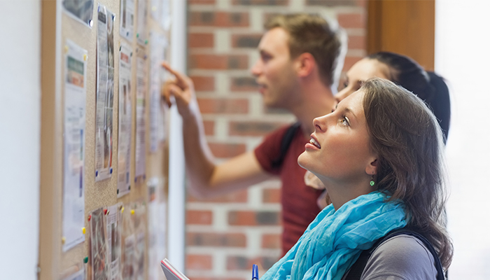 Modern Education students looking at bulletin board