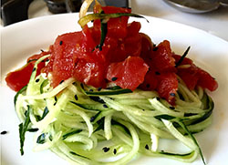 Swapping In Veggies for Starches Cucumber noodles topped with Ahi Tuna