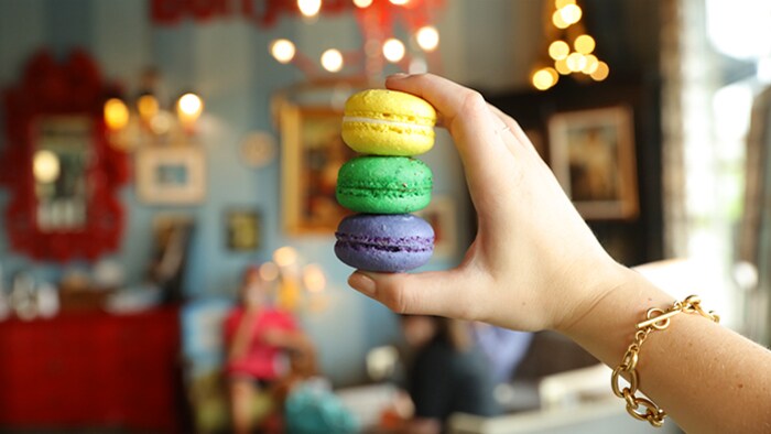 Charlotte Travel Guide hands holding three macaroons