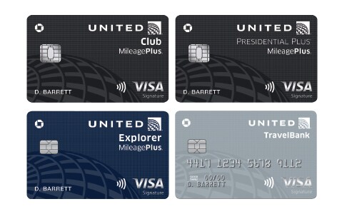 MileagePlus Club Card, Presidential Plus Card, Explorer Card, TravelBank card