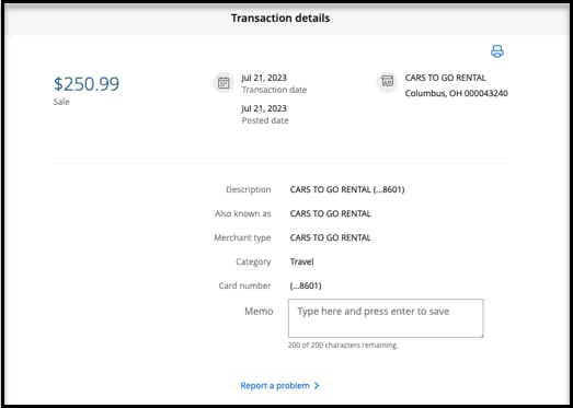Transaction details including cost, relevant dates, labels, and the ability to report a problem