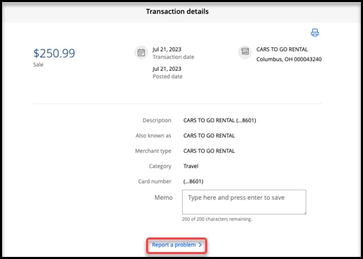 Reporting a problem link is located at the end of the transaction details