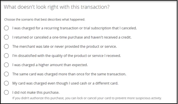 8 scenarios users can select from to report a transaction