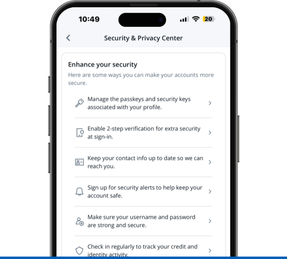 Teléfono que muestra tu configuración de seguridad en la aplicación Chase Mobile®