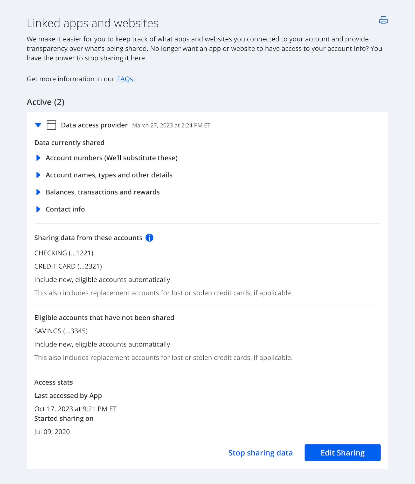 linked application list screen with controls to stop or edit sharing