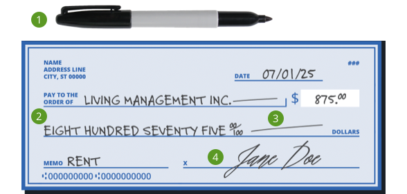 un cheque a modo de ejemplo, con 4 etiquetas sobre cómo evitar el fraude con cheques