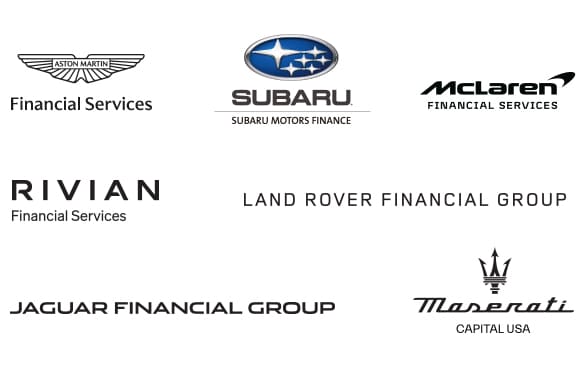 Aston Martin Financial Services logo, Subaru Motor Finance logo, McLaren Financial Services logo, Rivian Financial Services logo, Land Rover Financial group logo, Jaguar Financial group logo, Maserati Capital USA logo