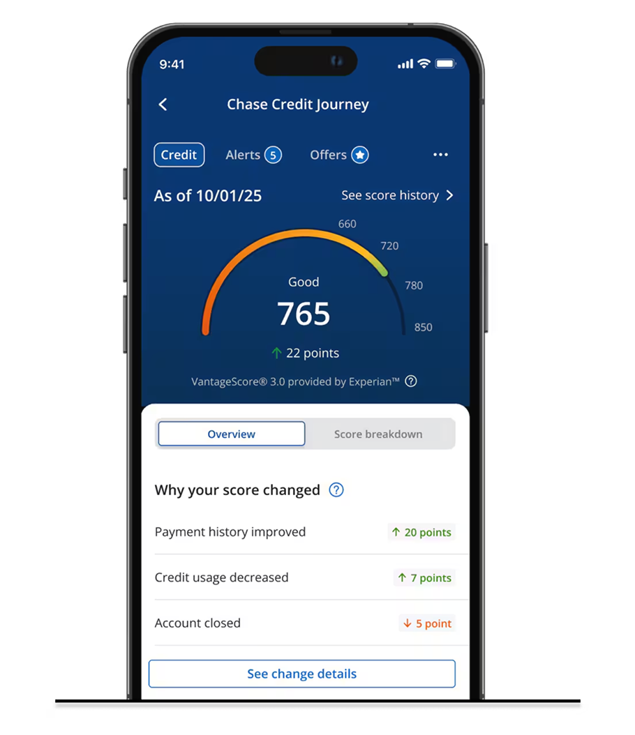 Un teléfono que muestra Chase Credit Journey con un puntaje de crédito de 765