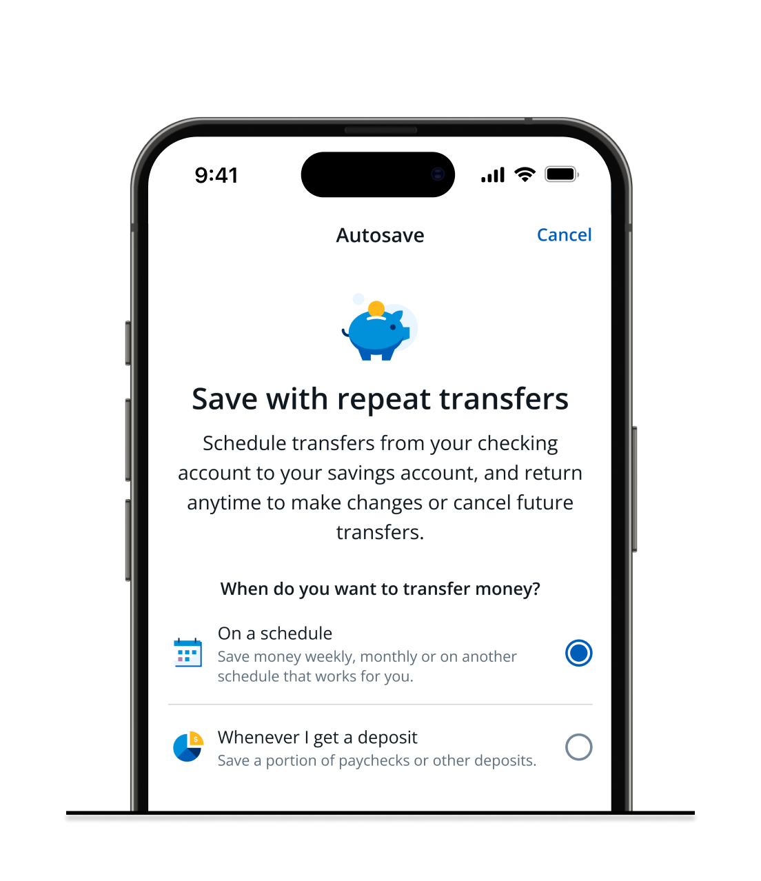Autosave, save with repeat transfers, schedule transfers from your checking account to your savings account on schedule or whenerver you get a deposit