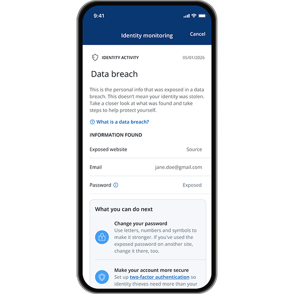 Data breach, this is the personal info that was exposed in a data breach. Info found, exposed website, email, password. What should you do know, contact FTC.