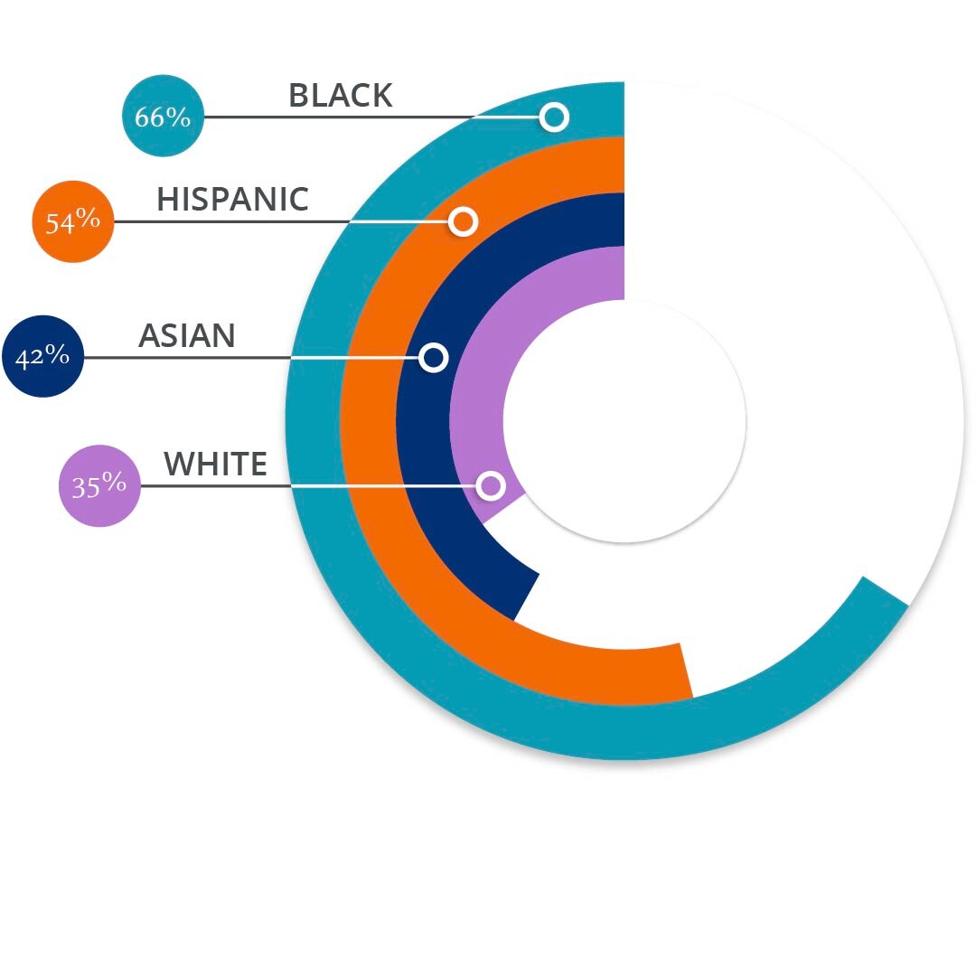 This circle graph shows the percentage of those (by race) who say promoting gender and racial equality is important to their investments.