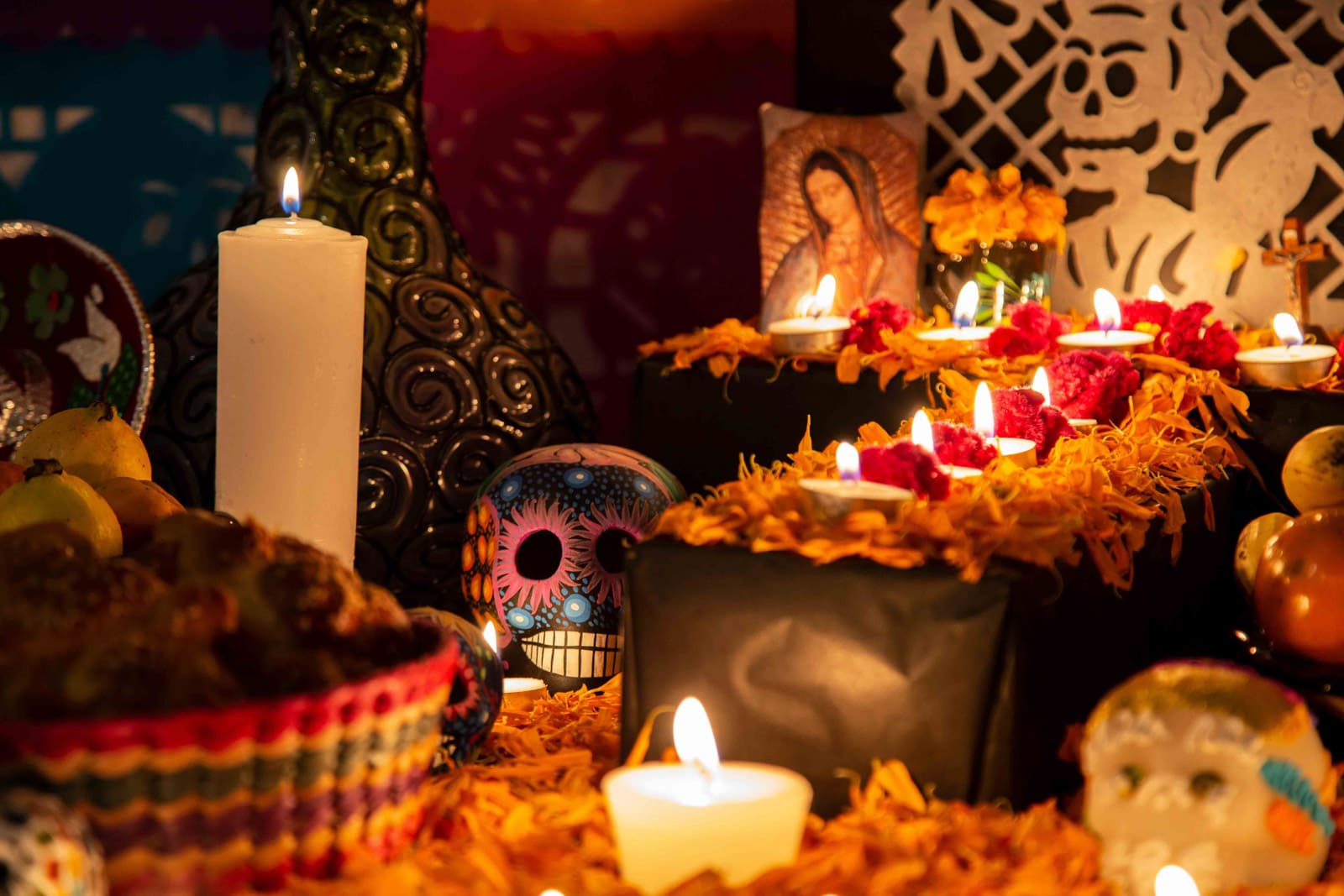 Colorful skull on colorful traditional Day of the Dead